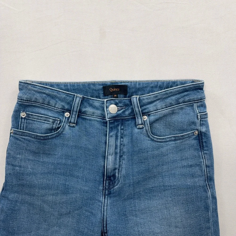 Quince Jeans Bella Stretch Kick Flare Raw Hem Seaside Blue Womens Size 26